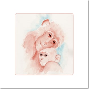 Little Monkey and Mom Watercolor Painting Posters and Art